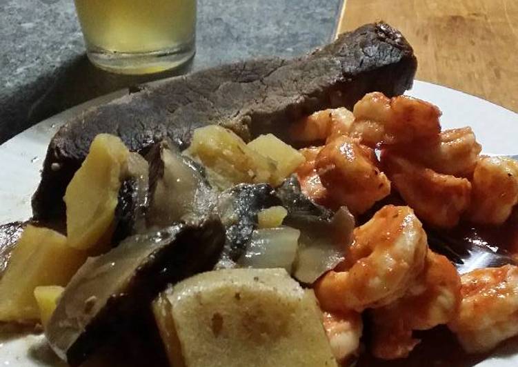 Brad's whiskey braised tri tip and chili lime prawns