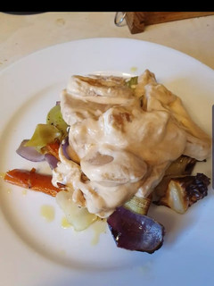 A picture of Pork with cider and veg.