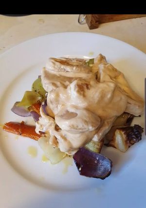 A picture of Pork with cider and veg.