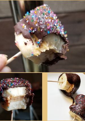 A picture of Chocolate Covered Frozen Banana Peanut Butter Sandwiches.