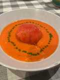 Burrata-Stuffed Tomato with Watermelon Gazpacho Base