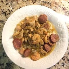 A picture of Jambalaya with Andouille Sausage, Grilled Chicken and Shrimp.
