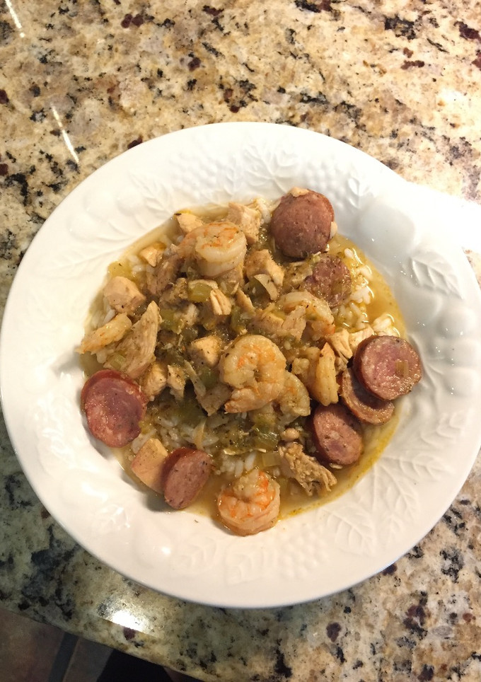 A picture of Jambalaya with Andouille Sausage, Grilled Chicken and Shrimp.
