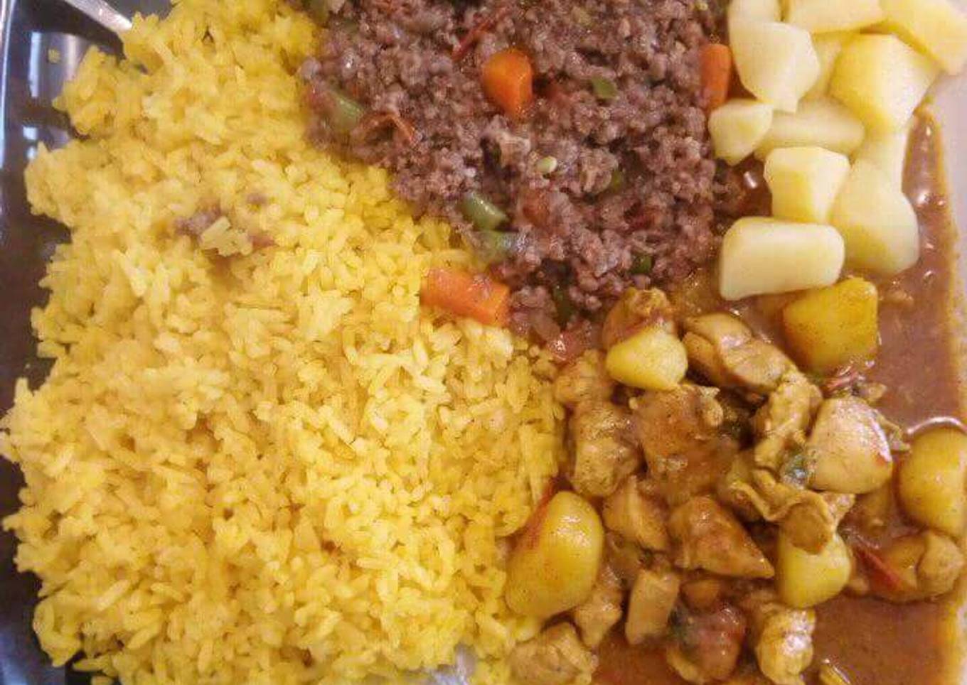 Turmeric Rice, minced meat and stewed potatoes