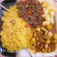 A picture of Turmeric Rice, minced meat and stewed potatoes.