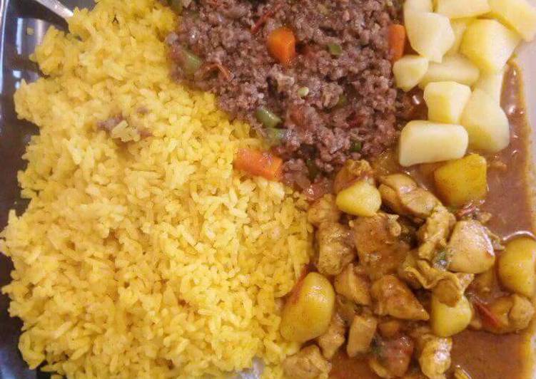 Turmeric Rice, minced meat and stewed potatoes
