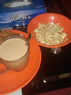 A picture of Scrumble egg with tea nd bread.