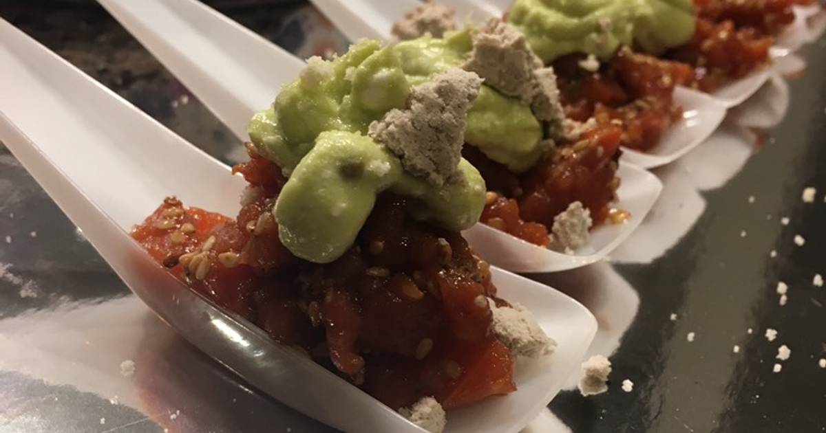 King Salmon Asian Tartare with avocado cream and olive oil powder