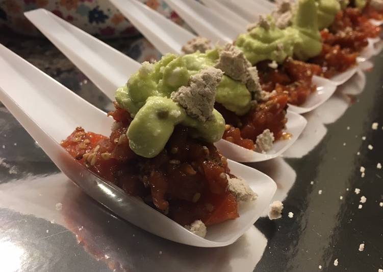 Simple Way to Prepare Favorite King Salmon Asian Tartare with avocado cream and olive oil powder