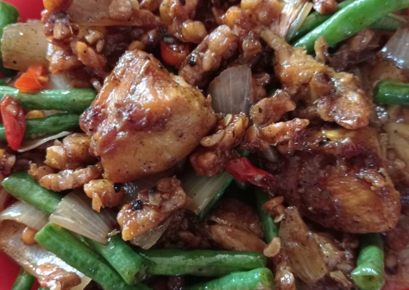 Ayam lada hitam plus tempe dan kacang panjang