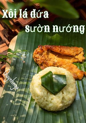 Hình của món Xôi lá dứa ăn kèm sườn nướng.