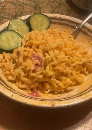 A picture of Creamy perfect buldak ramen.