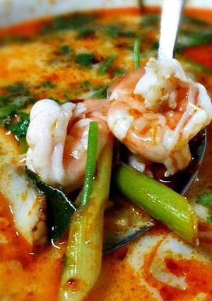 A picture of Tom Yum Goong (Creamy Thai Shrimp Soup).