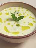 Cucumber Gazpacho with Pistachios, Plain Yogurt, and Mint
