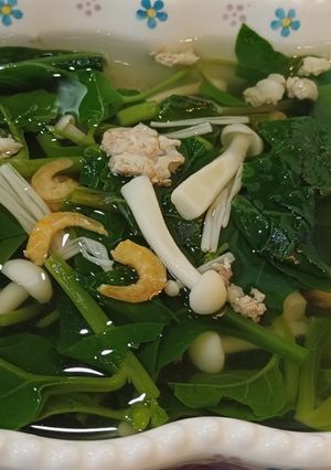Hình của món Canh mồng tơi nấm nấu tôm thịt.