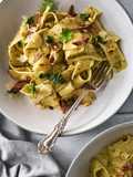 Wild Garlic Pesto Pappardelle With Crispy Bacon & Pine Nuts