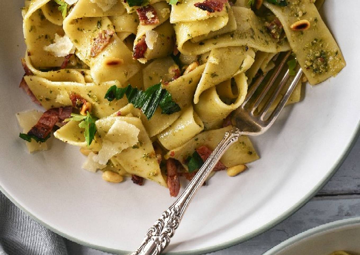 Wild Garlic Pesto Pappardelle With Crispy Bacon & Pine Nuts
