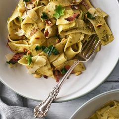A picture of Wild Garlic Pesto Pappardelle With Crispy Bacon & Pine Nuts.