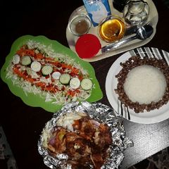 A picture of Rice &beans with oven grilled chicken.