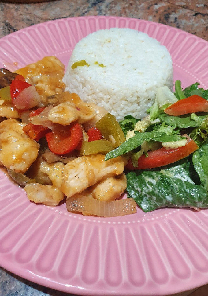 Una foto de Pollo agridulce al champiñón