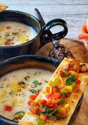 A picture of Healthy Millet Soup with Achari Flatbread Crackers – Bajre Ka Raab.