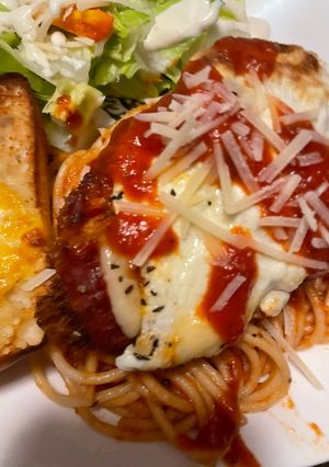 A picture of Less saucy chicken Parmesan.