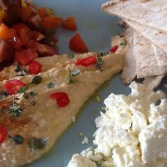 A picture of Hummus and flat bread.