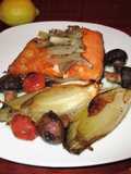Salmón con champis y endibias al horno