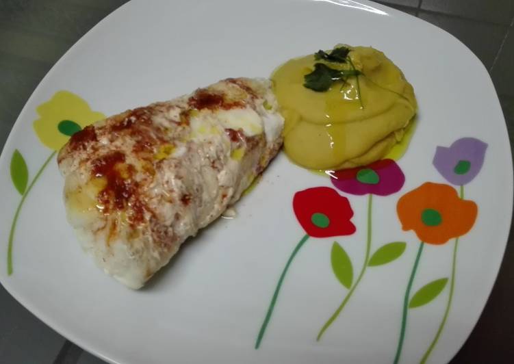 Cola de rape alangostada con crema de lentejas. Thermomix