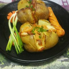 Easy Cheesy Baked Potatoes with Hotdog Sausages A picture of Easy Cheesy Baked Potatoes with Hotdog Sausages.