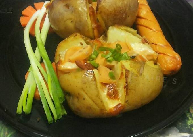 Easy Cheesy Baked Potatoes with Hotdog Sausages