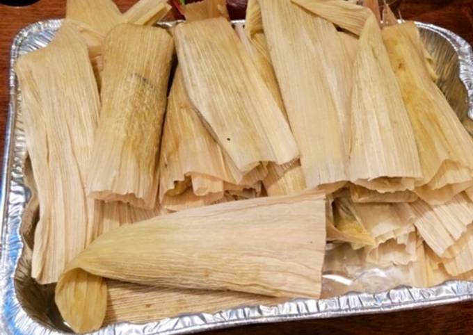 Pork and Potato Tamales with Green Chile Sauce (Salsa Verde)