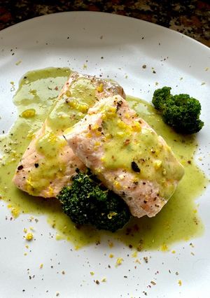 A picture of Baked Salmon Fillet with Broccoli Reduction.