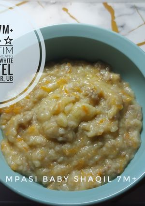 Foto resep MPASI 7M+ Menu 4 ☆》Nasi tim, daging sapi, jamur snow white