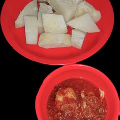 A picture of White yam and stew.
