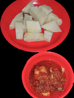 A picture of White yam and stew.