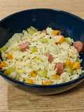 Wok de arroz con salchichas salteadas en mirepoix