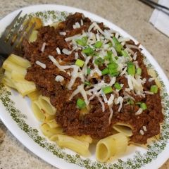 A picture of Rigatoni with Vegan "Walnut Mushroom Meat" Sauce.