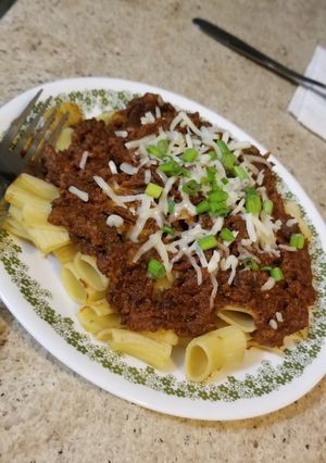 A picture of Rigatoni with Vegan "Walnut Mushroom Meat" Sauce.