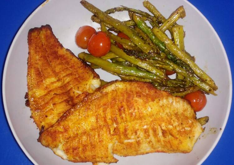 Easiest Way to Prepare Ultimate Baked Catfish with Asparagus &amp; Tomatoes