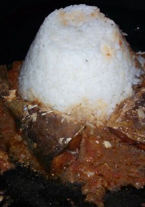 A picture of Rice and fish curry.