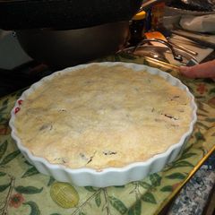 A picture of Rhubarb and blackberry crumble.