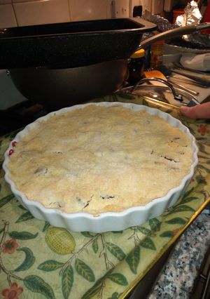 A picture of Rhubarb and blackberry crumble.