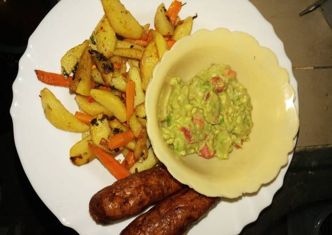 Potato wedges guacamole, and sausages #4weekschallenge