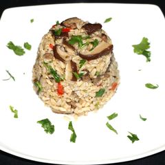 A picture of Brown rice with shiitake mushrooms.