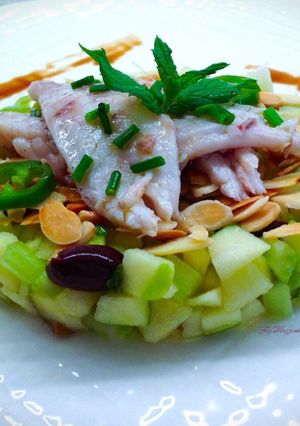 A picture of Red Mullet with Green Apple, Celery, Taggiasca Olives, and Toasted Sliced Almonds.