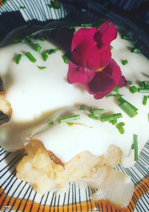 Una foto de Falsos canelones de puerro con merluza y gambas