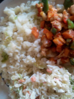 A picture of Cauliflower with coleslaw and chicken vegetable sauce.