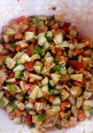 A picture of Hot and spicy Chicken breast with weggies.