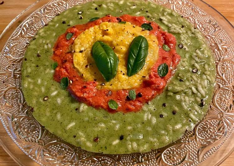 Risotto al pesto di maggiorana con salsa di pomodorini gialli e rossi